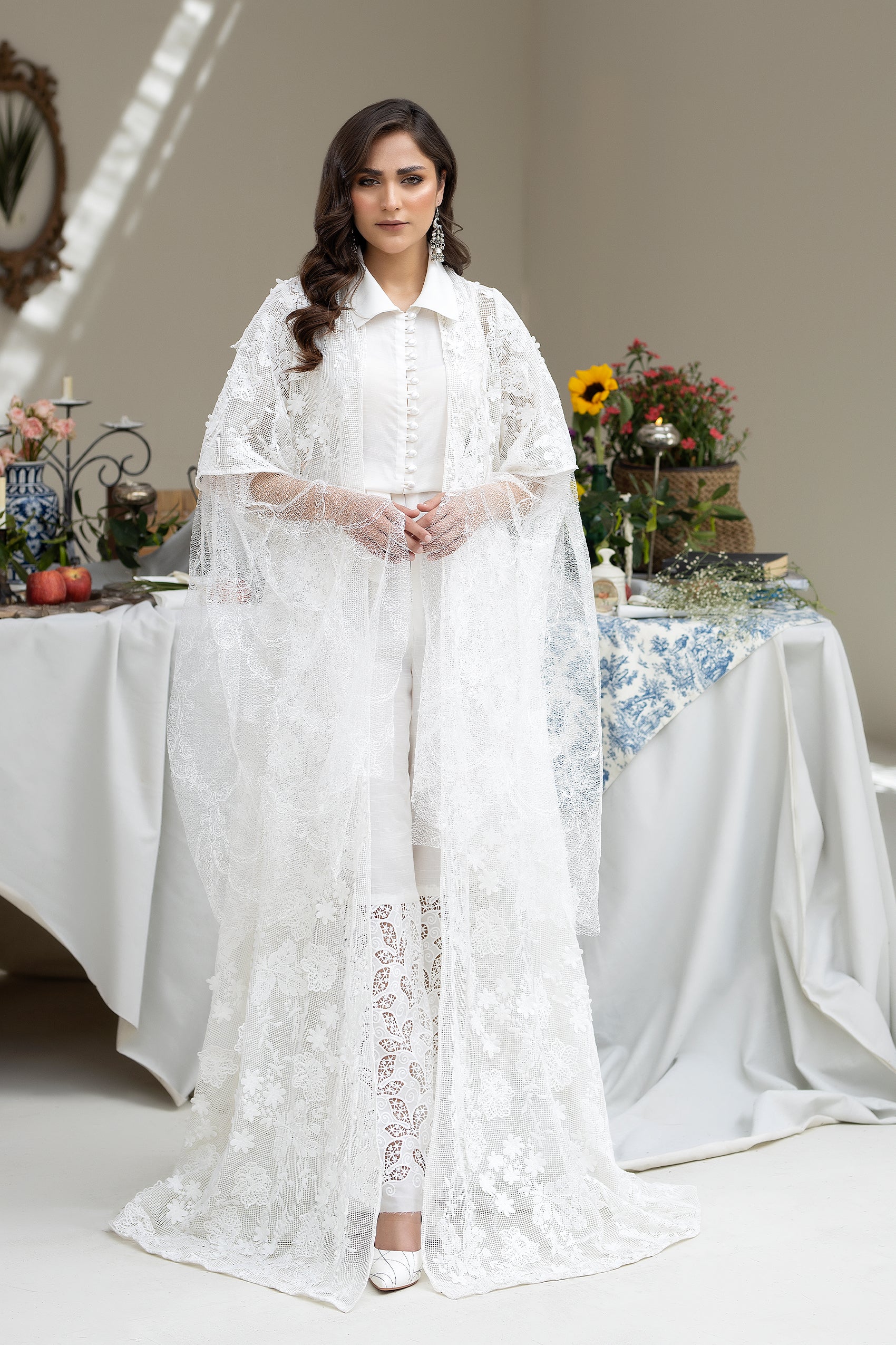 White Embroidered Raw Silk Jumpsuit (2-Piece) - Image 2