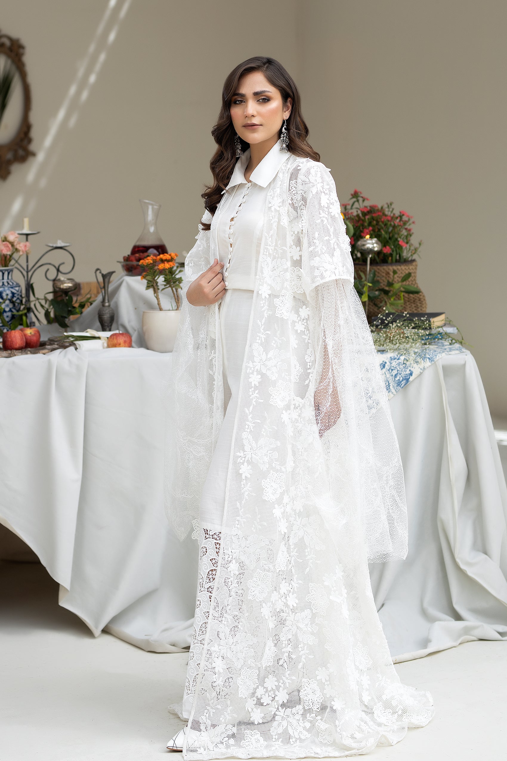 White Embroidered Raw Silk Jumpsuit (2-Piece) - Image 4