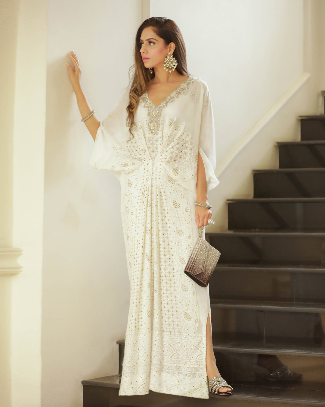 Pakistani White Chikankari Mukesh Chiffon Kaftan (1-Pc) - Image 1