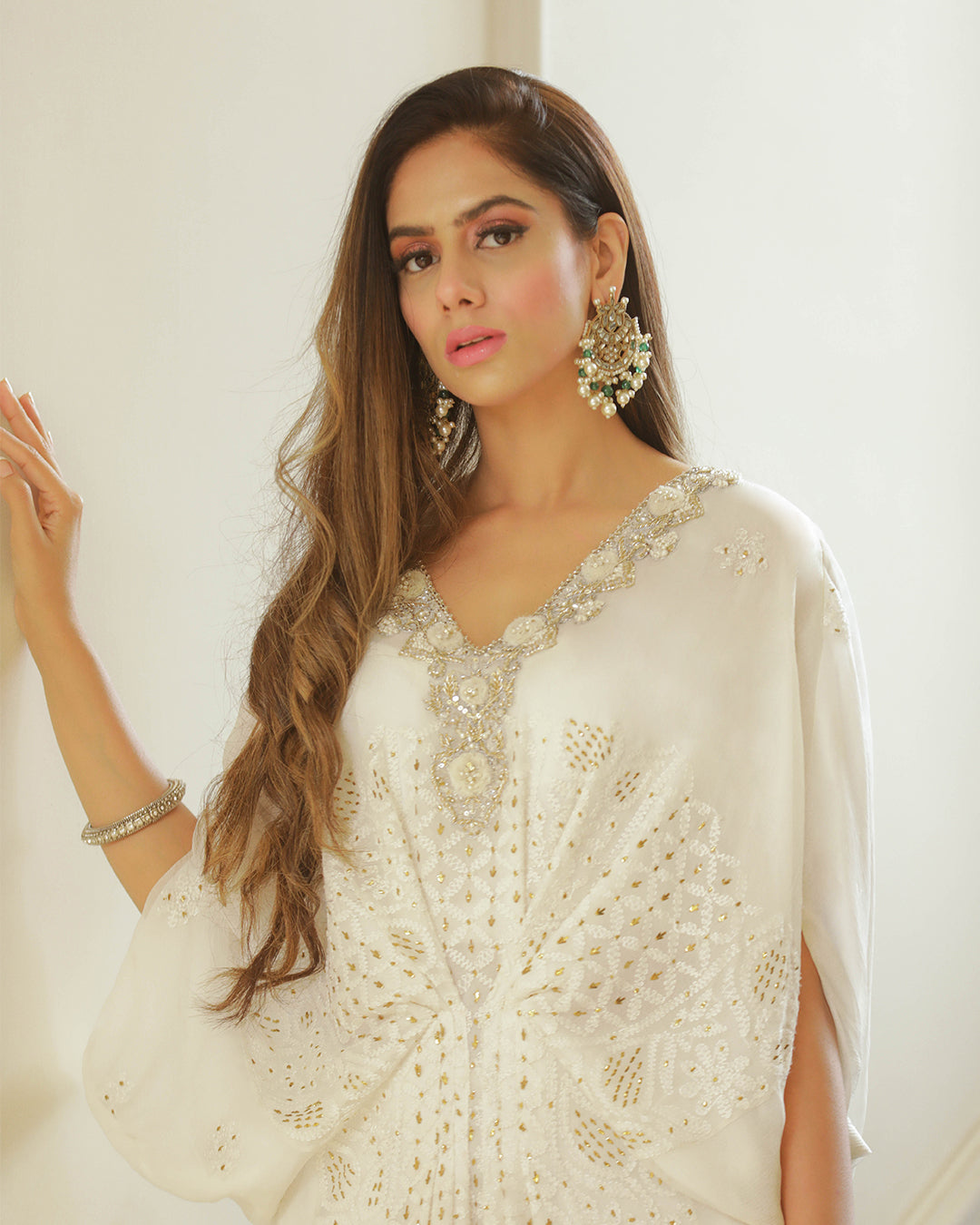 Pakistani White Chikankari Mukesh Chiffon Kaftan (1-Pc) - Image 2