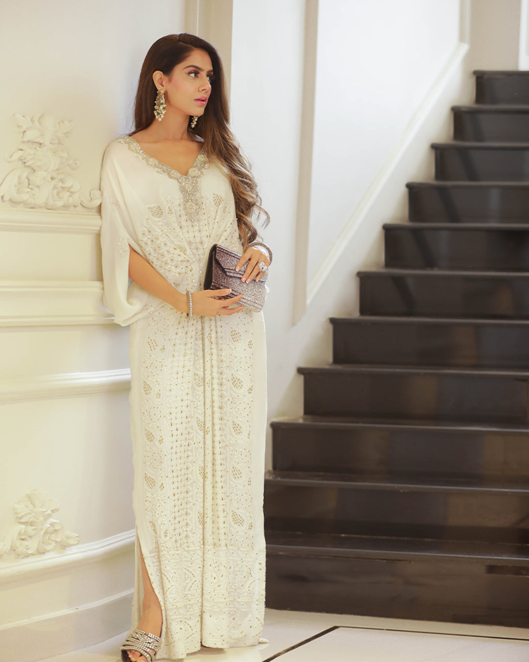 Pakistani White Chikankari Mukesh Chiffon Kaftan (1-Pc) - Image 4