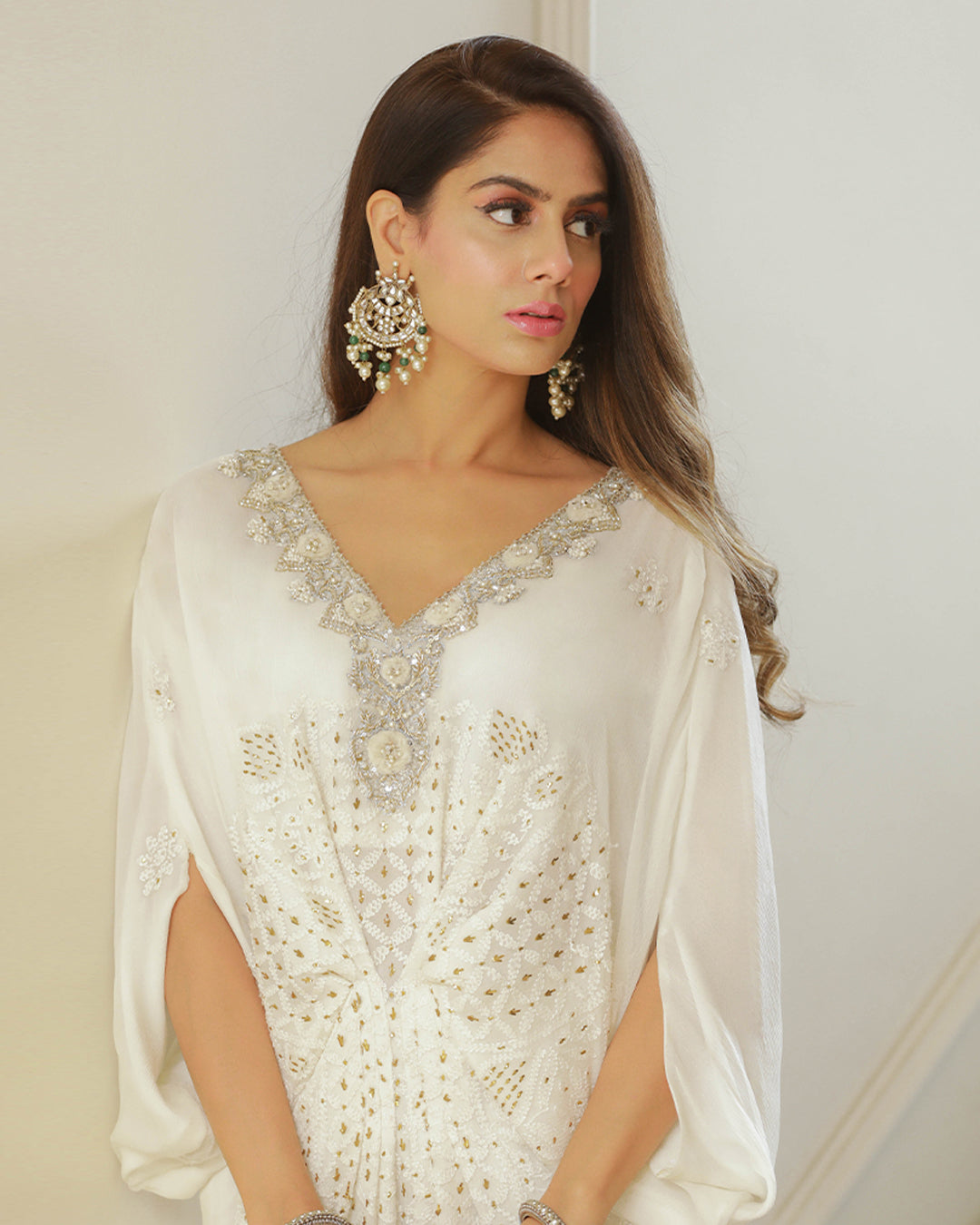 Pakistani White Chikankari Mukesh Chiffon Kaftan (1-Pc) - Image 5