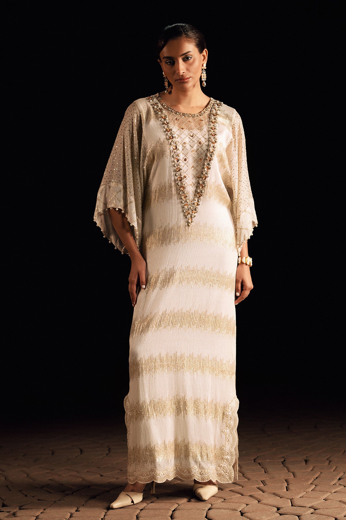 White & Gold Embroidered Chiffon Kaftan (2-Piece) - Image 1