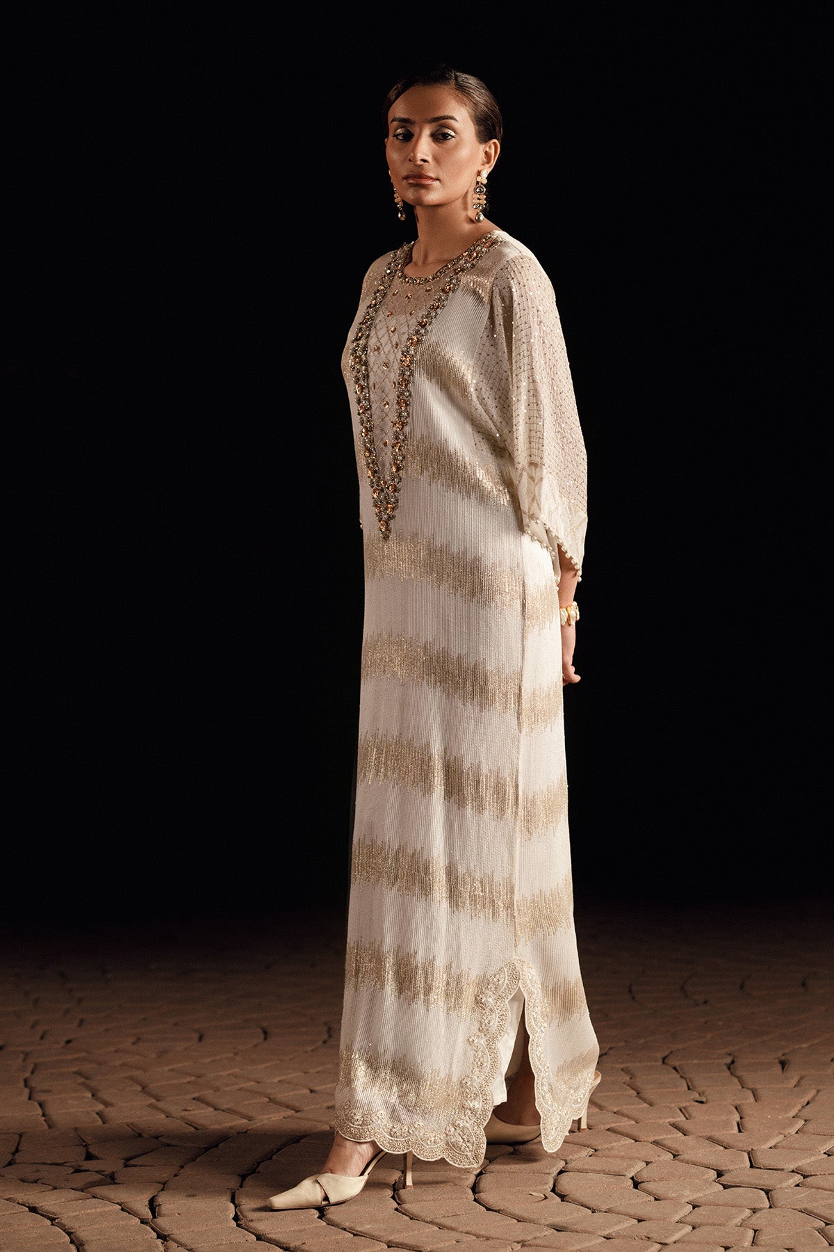 White & Gold Embroidered Chiffon Kaftan (2-Piece) - Image 2