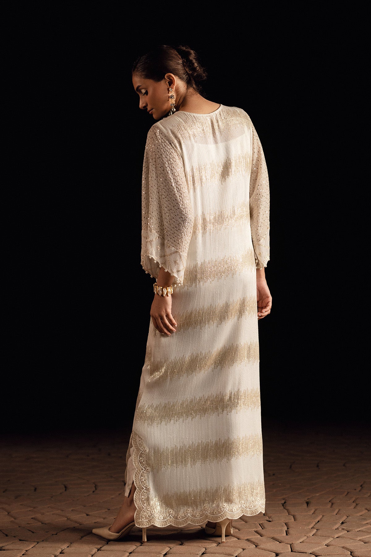 White & Gold Embroidered Chiffon Kaftan (2-Piece) - Image 3