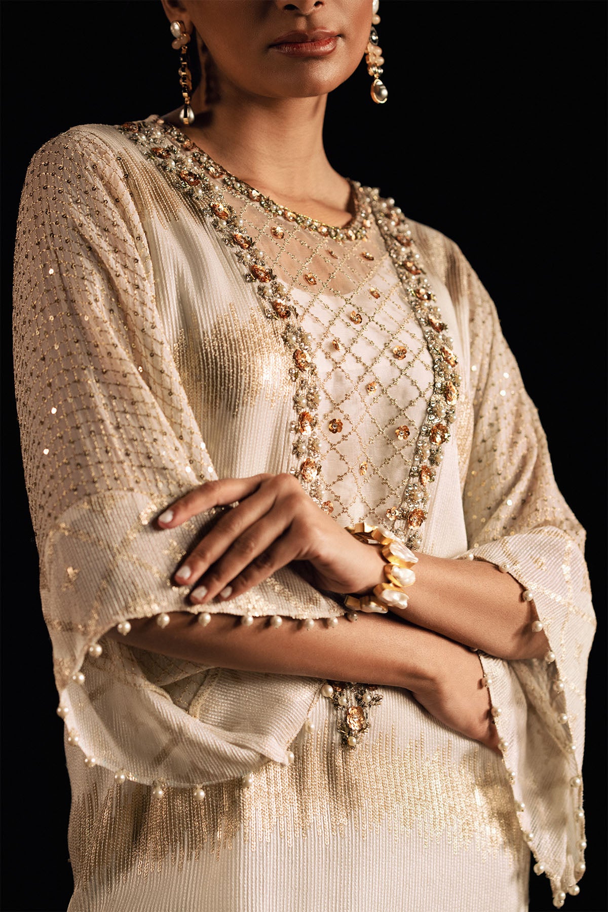 White & Gold Embroidered Chiffon Kaftan (2-Piece) - Image 4