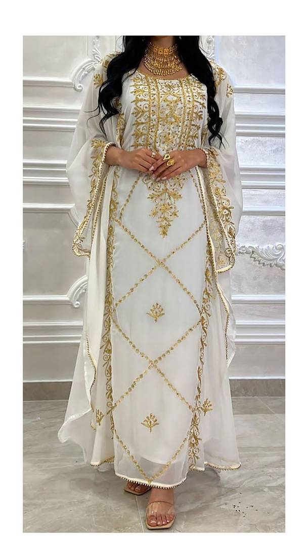 Pakistani White Gold Embroidered Georgette Kaftan (1-Pc) - Image 1