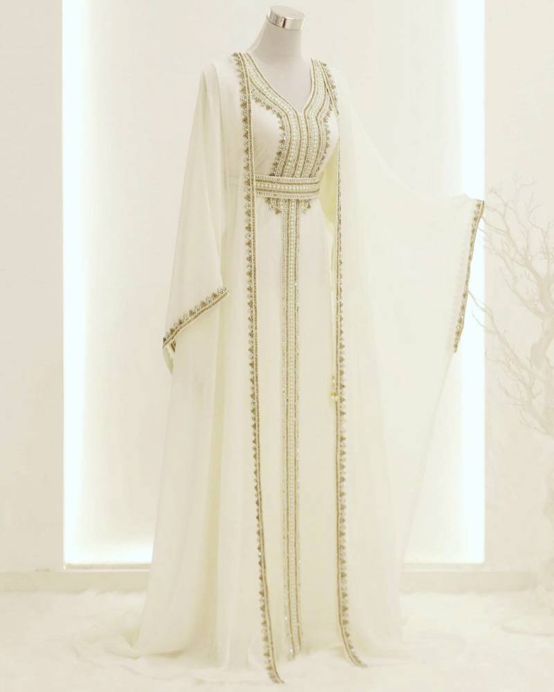 White Zari Embroidered Georgette Kaftan (1-Pc) - Image 1