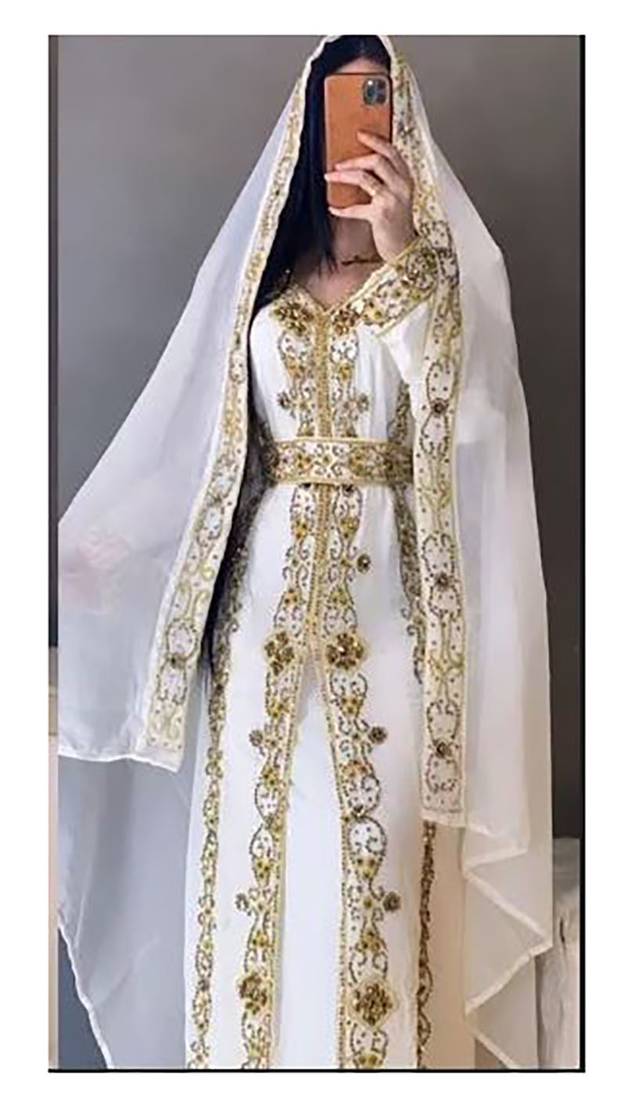 White Zari & Bead Embroidered Georgette Kaftan (2-Piece) - Image 1