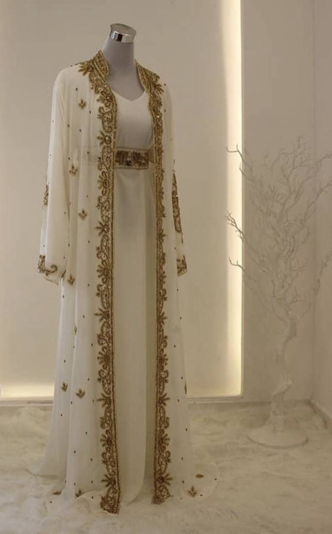 White Zari Embroidered Georgette Kaftan (2-Piece) - Image 1