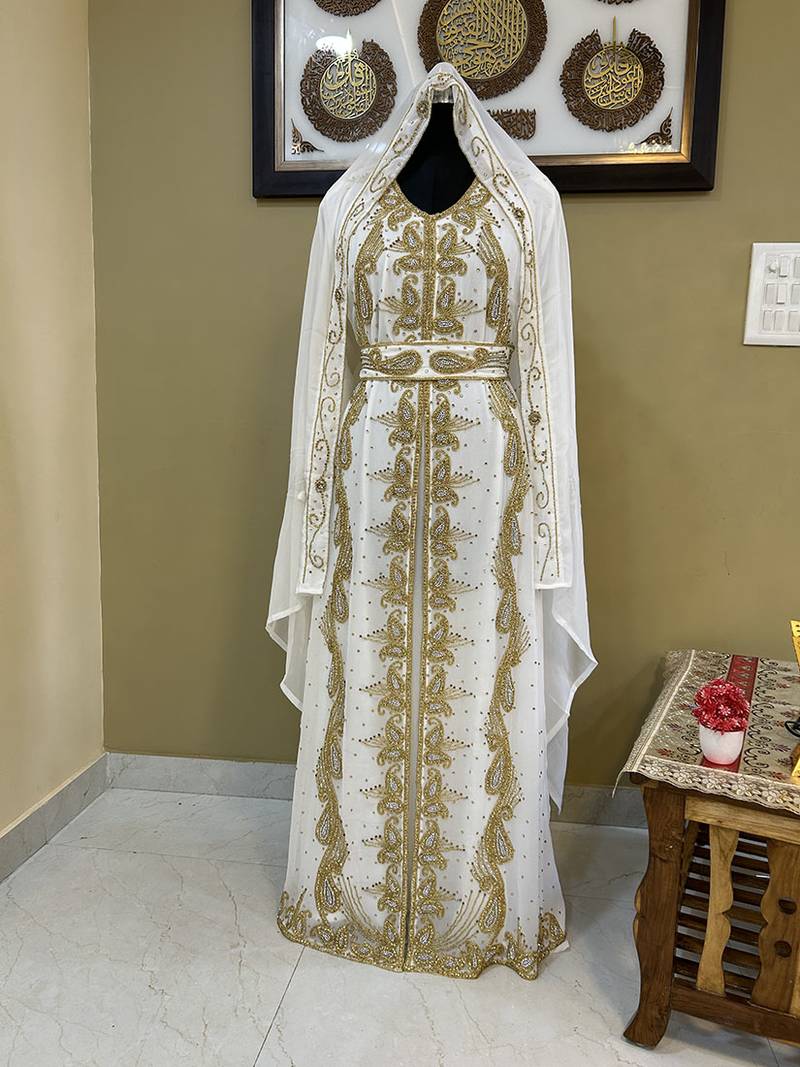 White Zari Embroidered Georgette Moroccan Kaftan (2-Piece) - Image 1