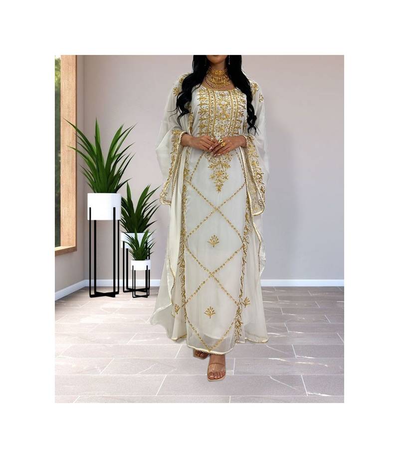 Pakistani White Zari Embroidered Georgette Kaftan (1-Pc) - Image 1
