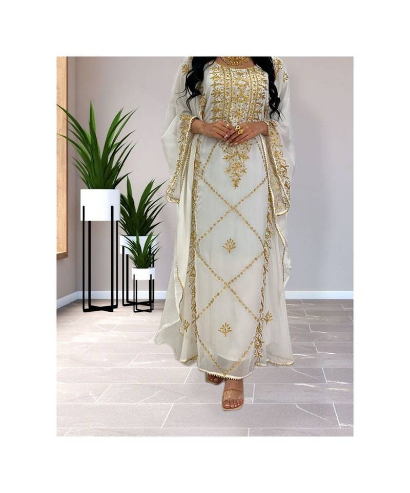 Pakistani White Zari Embroidered Georgette Kaftan (1-Pc) - Image 4