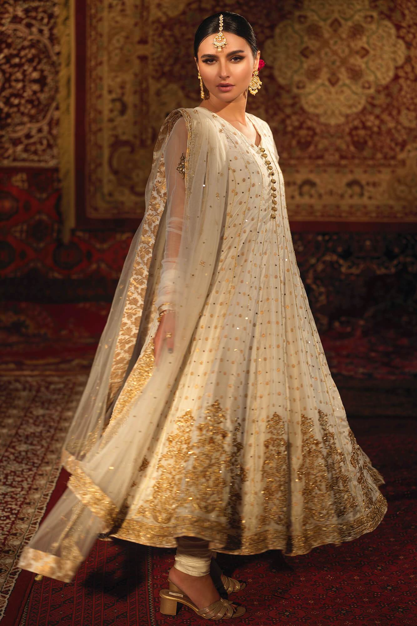 Pakistani White Zardozi Banarsi Silk Kalidaar (3-Piece) - Image 2