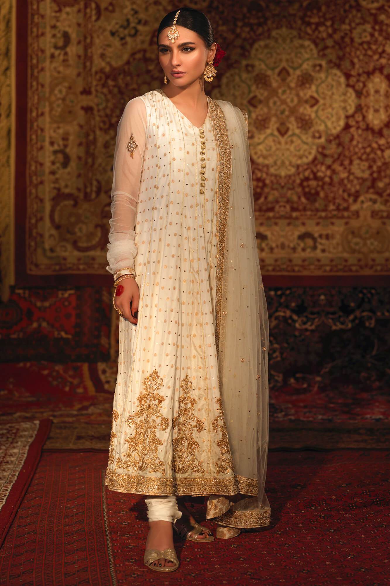Pakistani White Zardozi Banarsi Silk Kalidaar (3-Piece) - Image 4