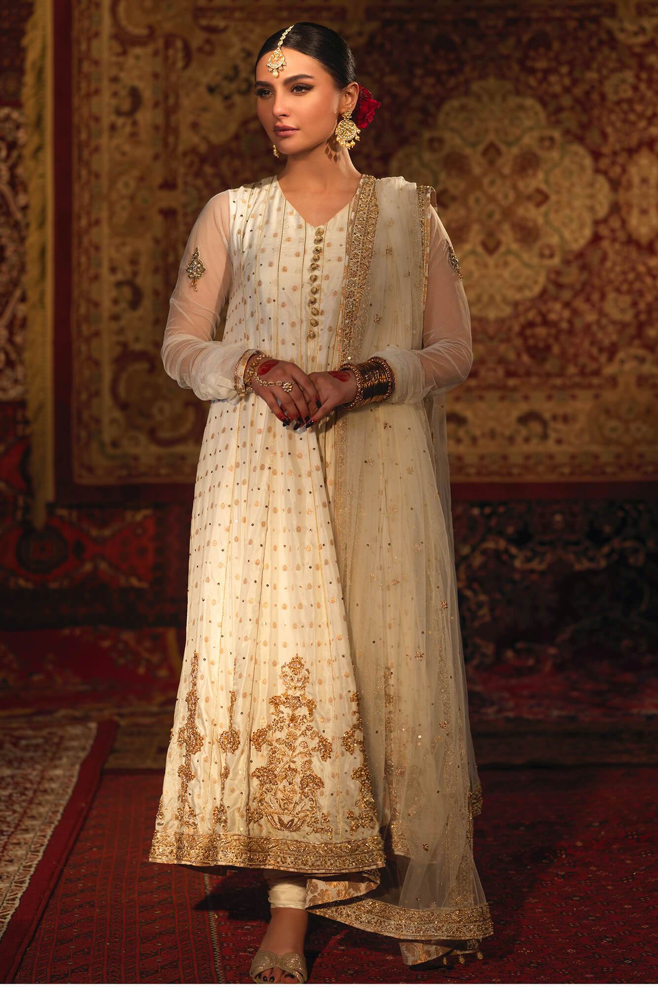 White Zardozi Banarsi Silk Kalidaar (3-Piece) - Image 3