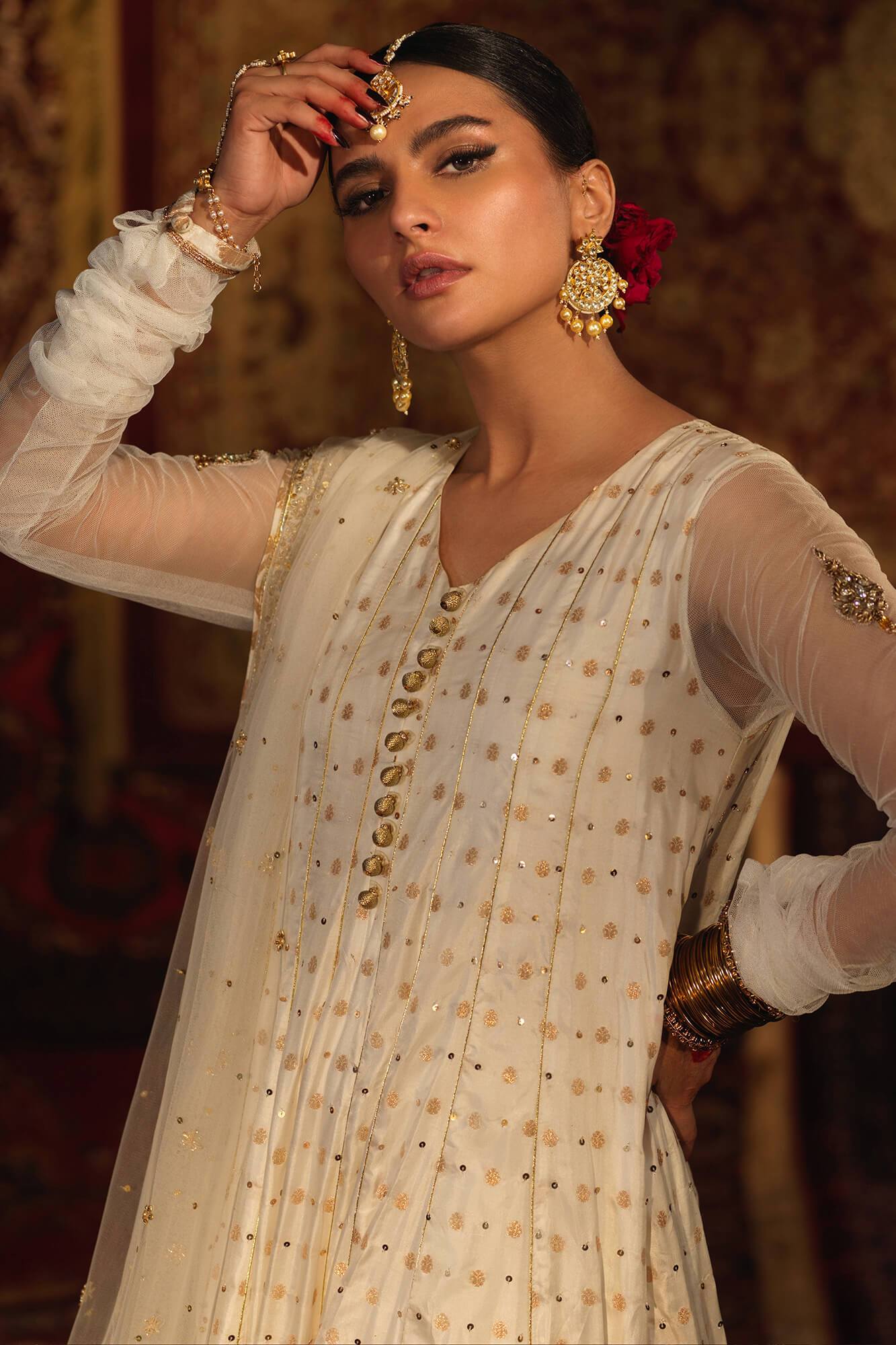 White Zardozi Banarsi Silk Kalidaar (3-Piece) - Image 5