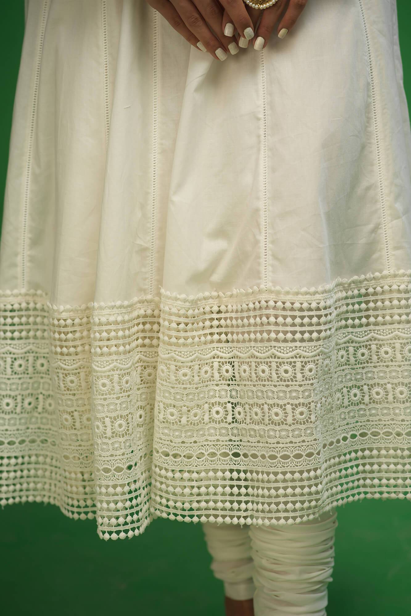 Pakistani White Lace Cotton Lawn Kalidar Dress (3-Piece) - Image 1