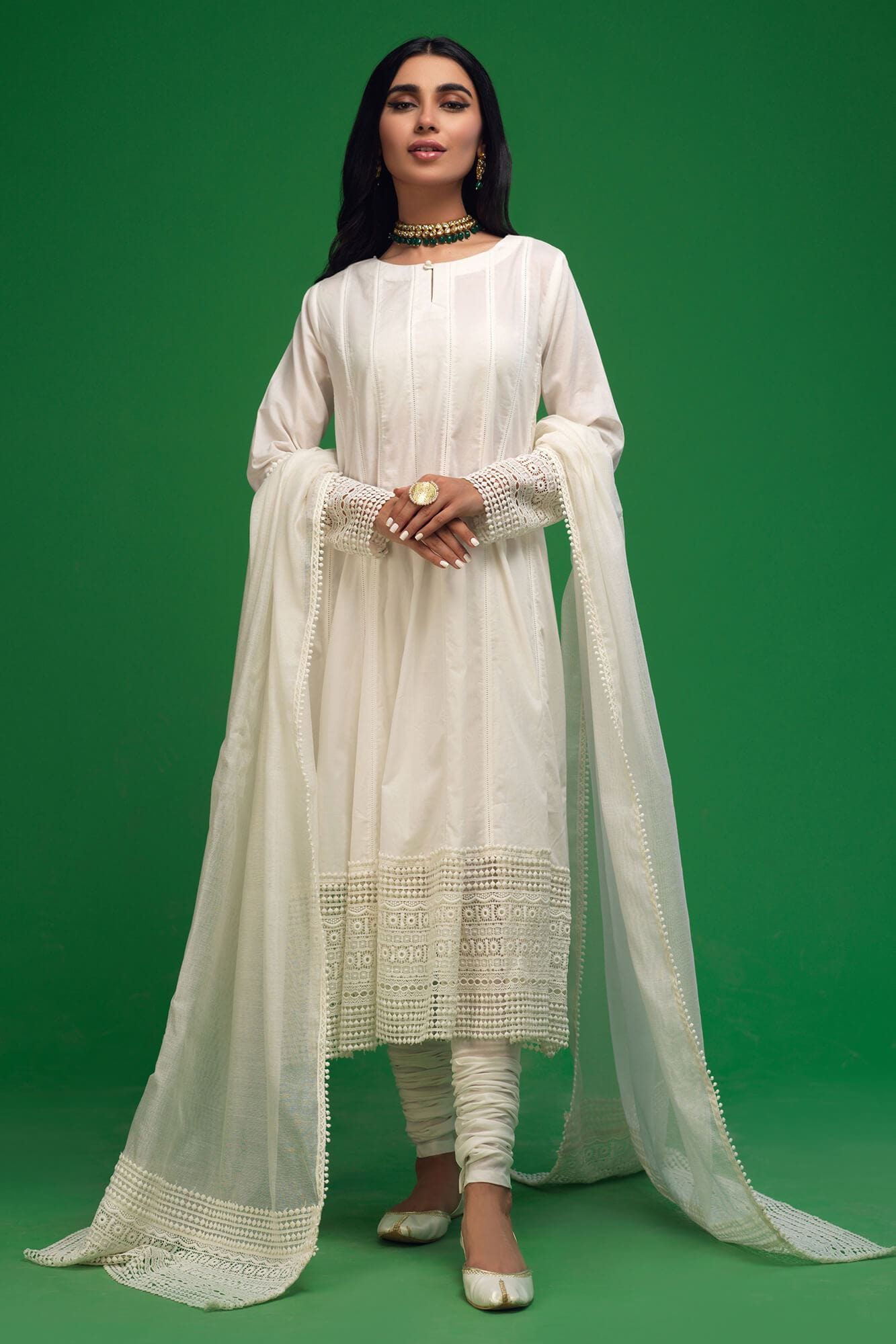 Pakistani White Lace Cotton Lawn Kalidar Dress (3-Piece) - Image 2