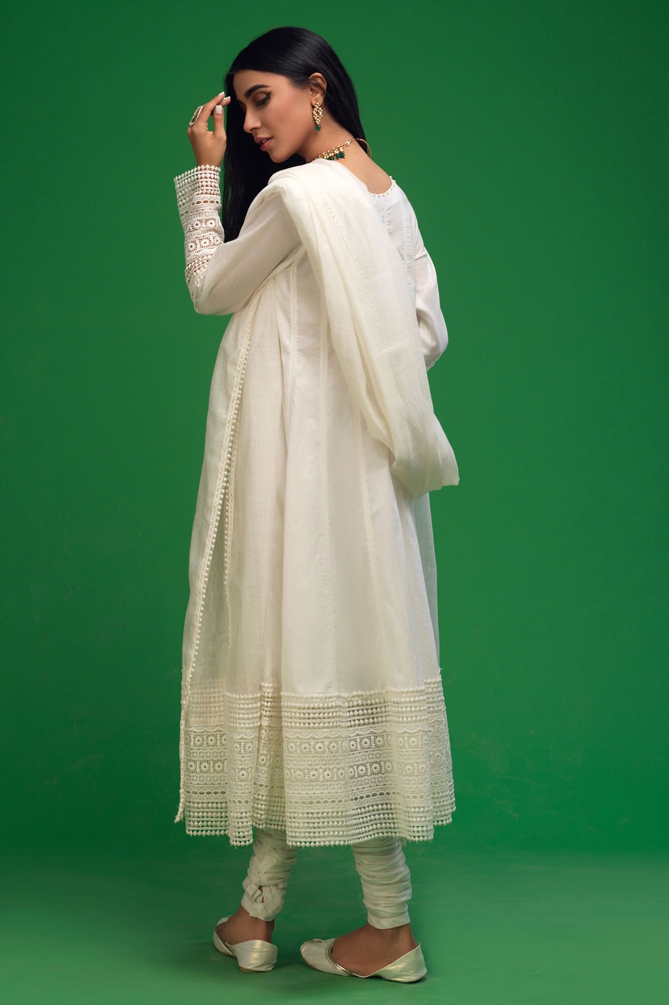 Pakistani White Lace Cotton Lawn Kalidar Dress (3-Piece) - Image 3