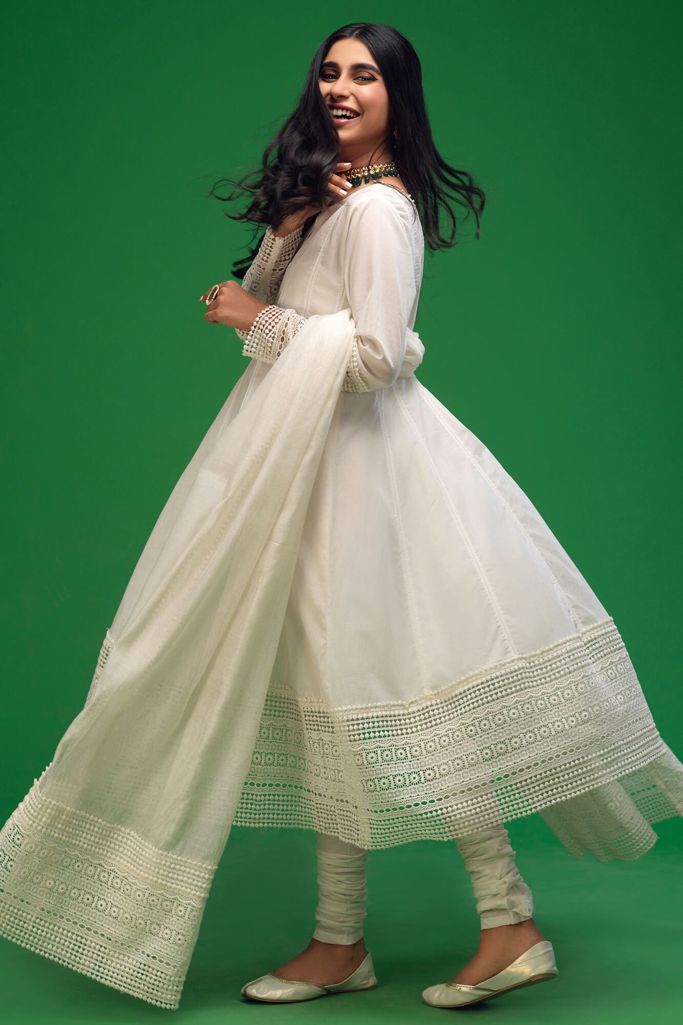 Pakistani White Lace Cotton Lawn Kalidar Dress (3-Piece) - Image 4