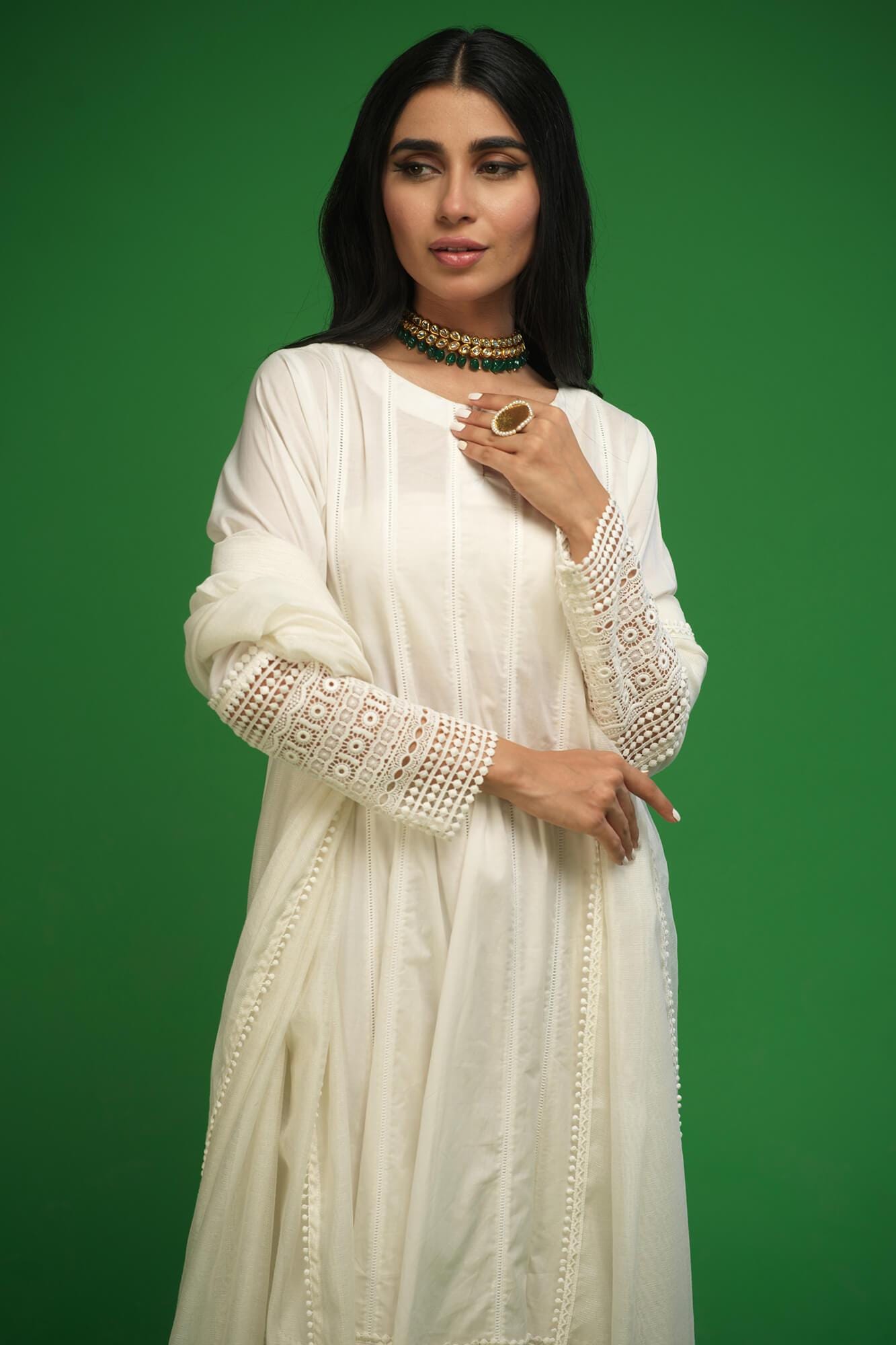 Pakistani White Lace Cotton Lawn Kalidar Dress (3-Piece) - Image 5