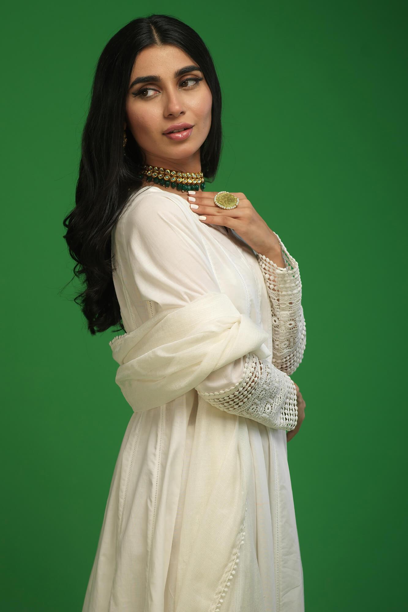 Pakistani White Lace Cotton Lawn Kalidar Dress (3-Piece) - Image 6