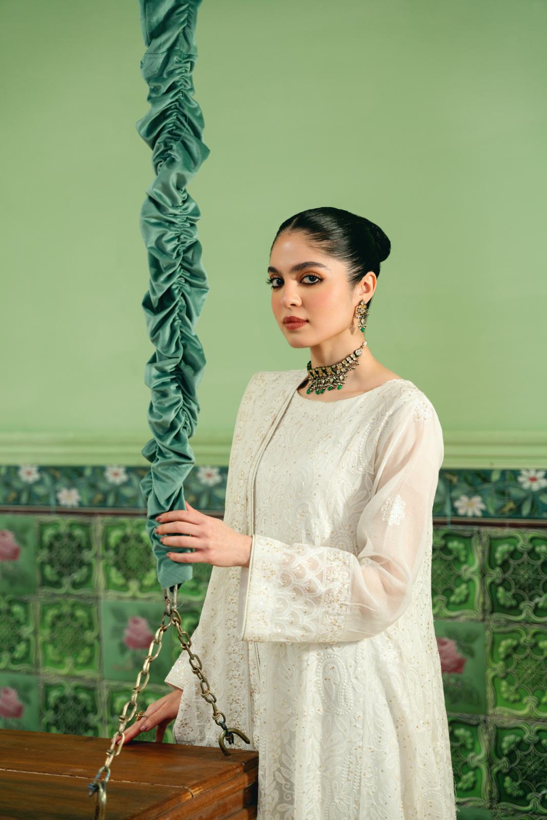 Pakistani White Chikankari Cotton Net Kalidaar (2-Piece) - Image 1