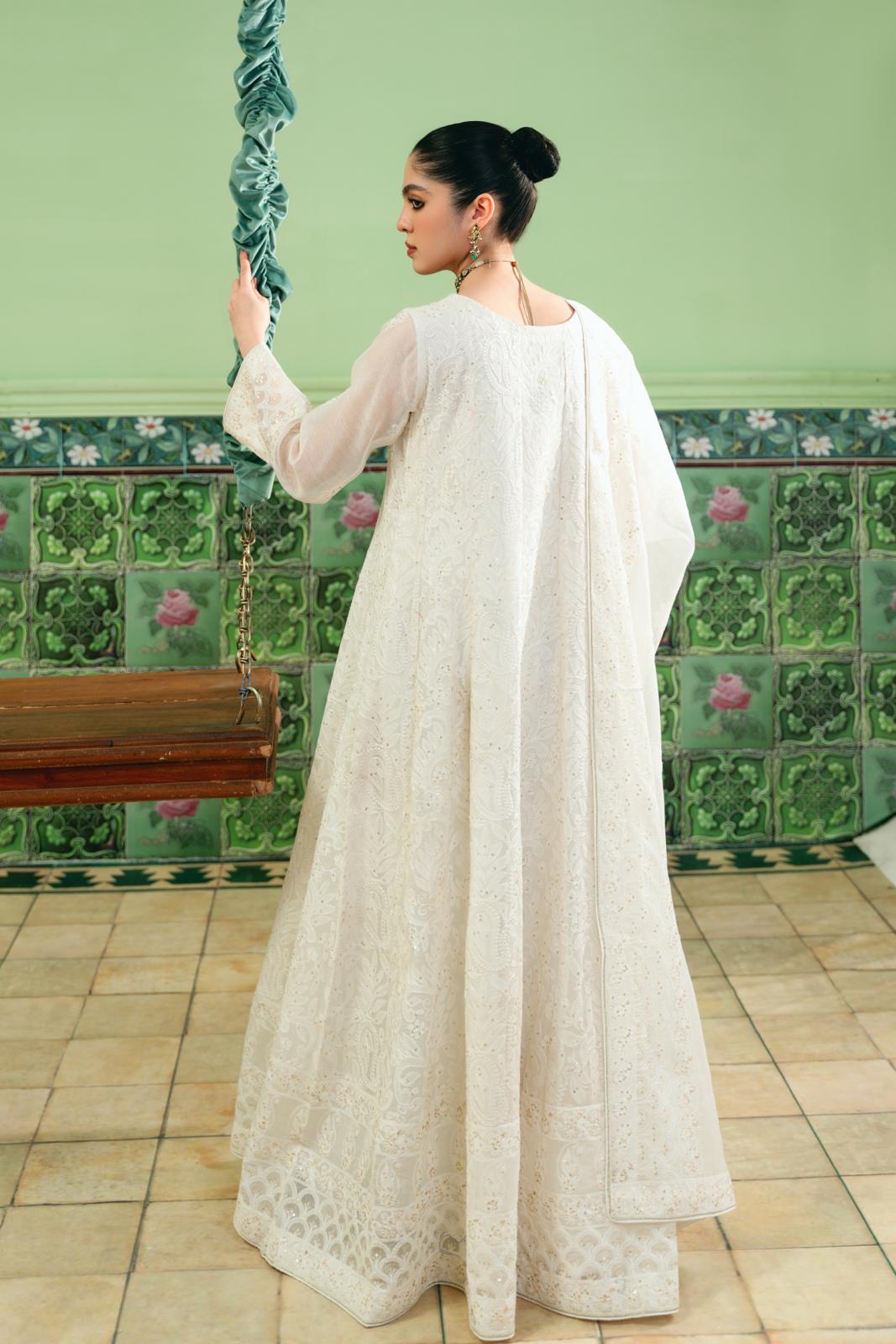 Pakistani White Chikankari Cotton Net Kalidaar (2-Piece) - Image 2