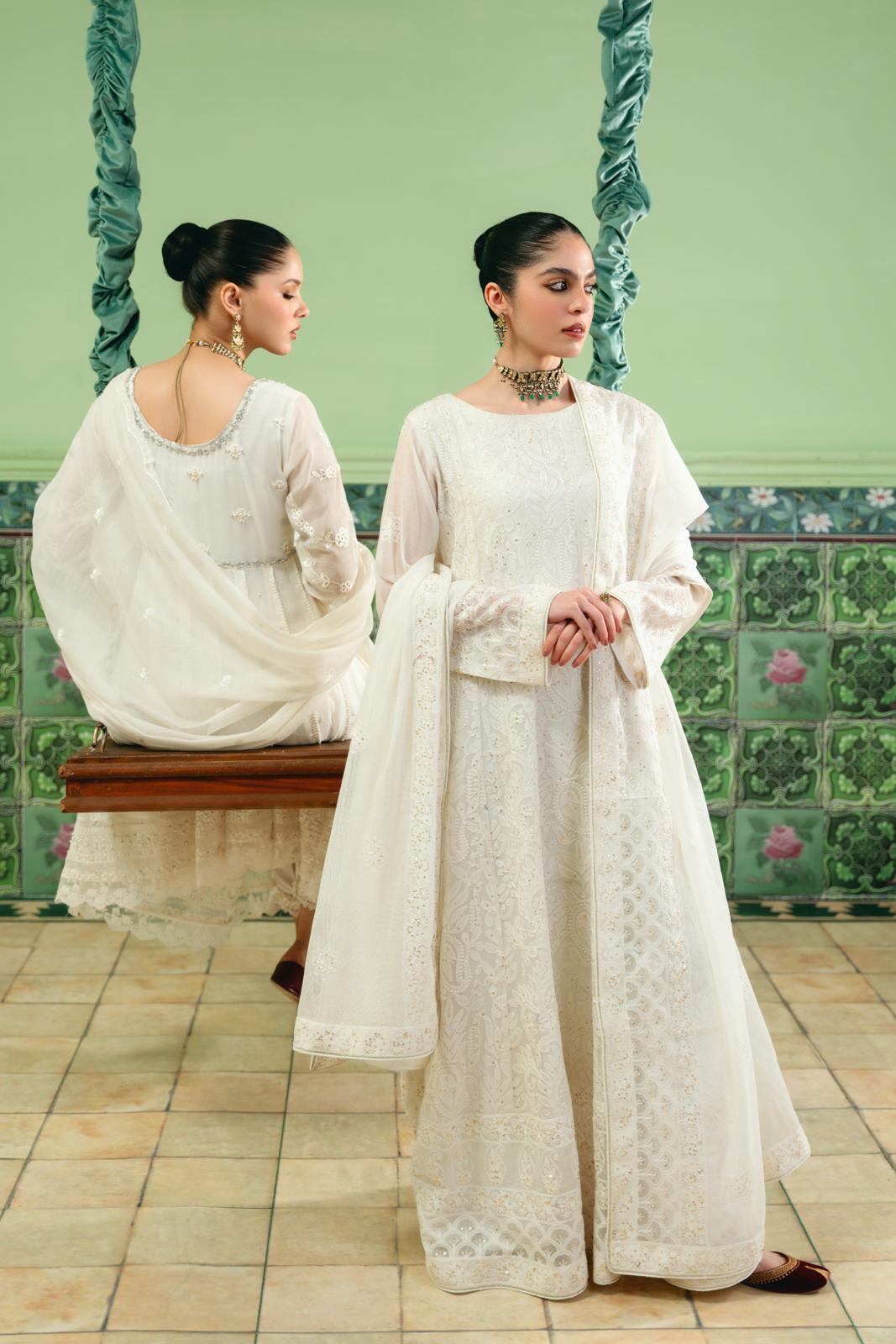Pakistani White Chikankari Cotton Net Kalidaar (2-Piece) - Image 3