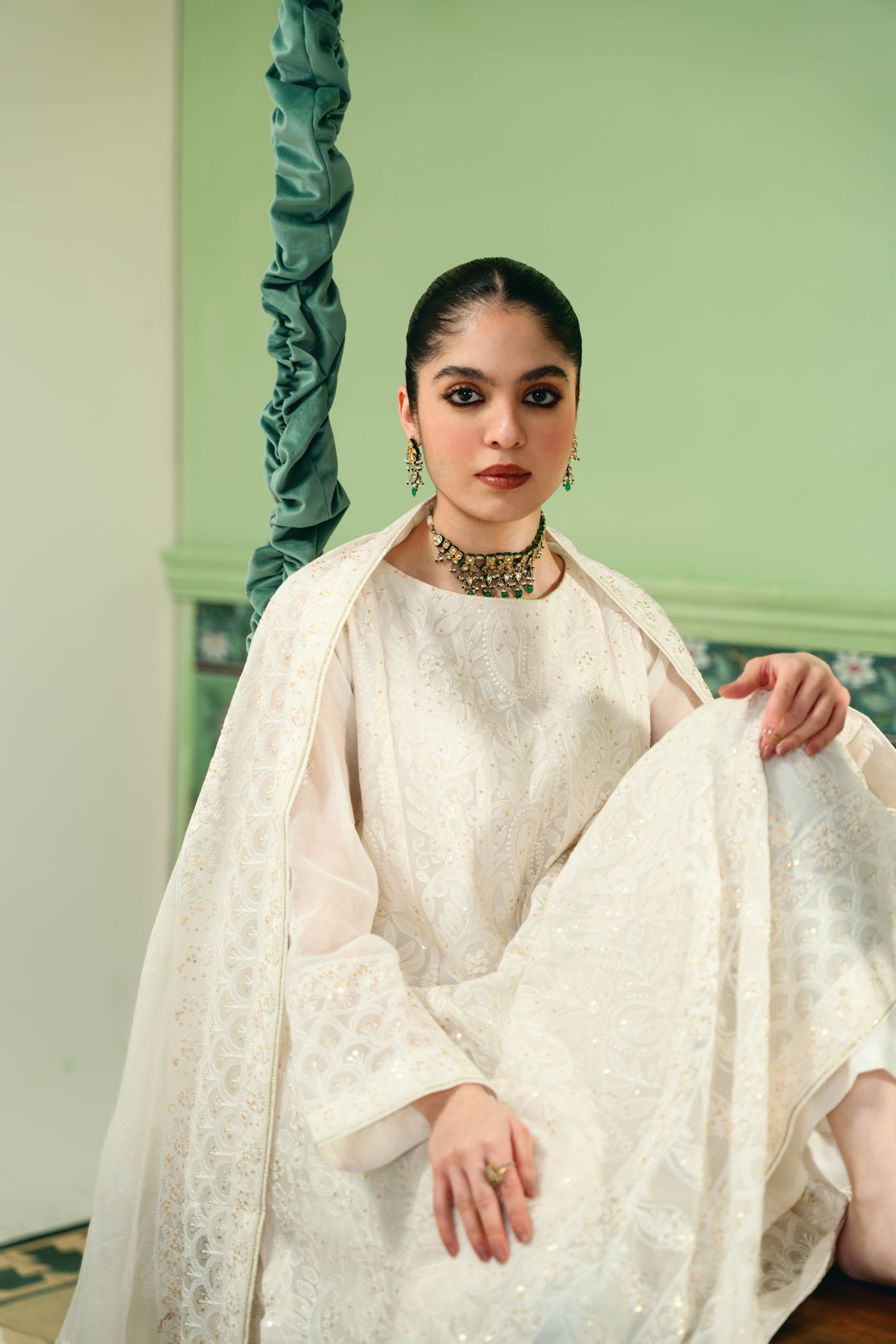 Pakistani White Chikankari Cotton Net Kalidaar (2-Piece) - Image 4