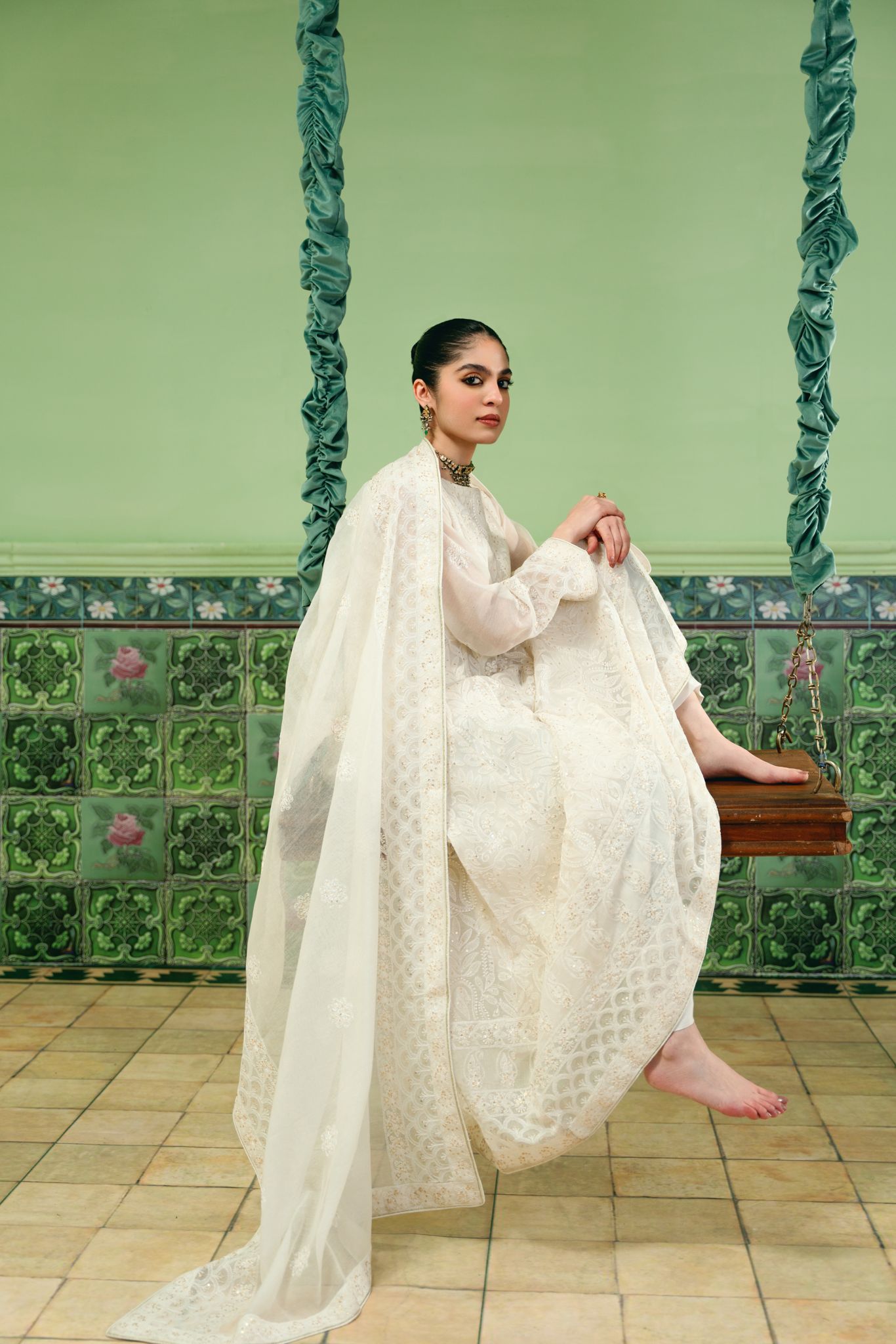 Pakistani White Chikankari Cotton Net Kalidaar (2-Piece) - Image 5