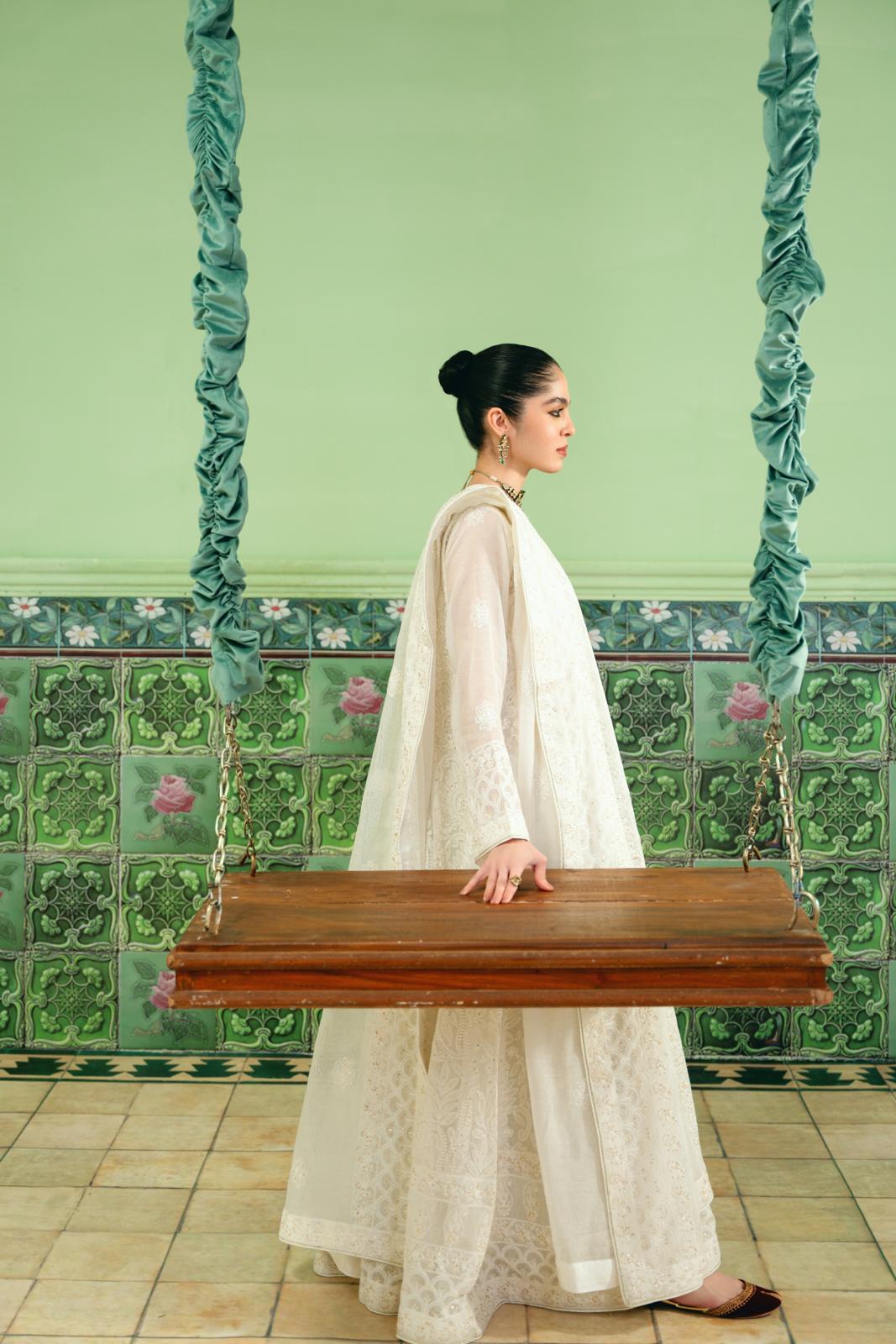 Pakistani White Chikankari Cotton Net Kalidaar (2-Piece) - Image 6