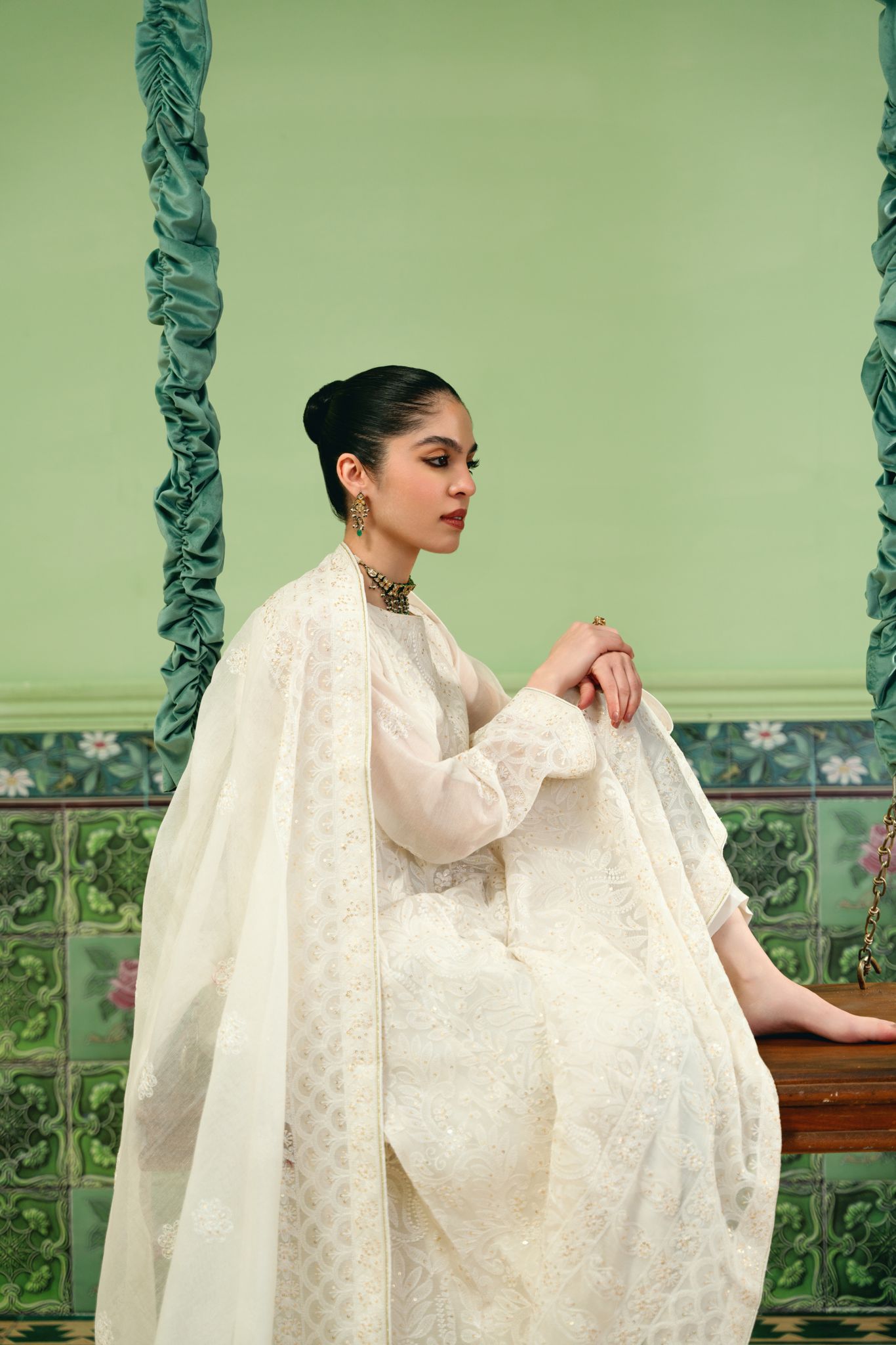 Pakistani White Chikankari Cotton Net Kalidaar (2-Piece) - Image 7