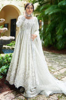 Pakistani White Dabka Embroidered Cotton Net Kalidar (3-Piece) - Image 2