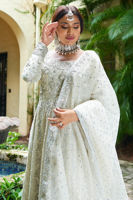 Pakistani White Dabka Embroidered Cotton Net Kalidar (3-Piece) - Image 3