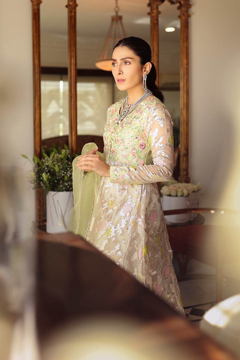 Pakistani Pearl White Embroidered Lorex Kalidar (3-Piece) - Image 5