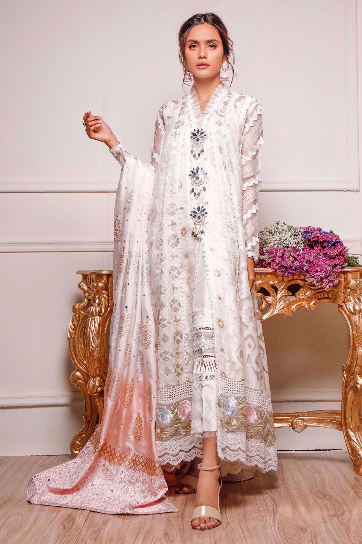 Pakistani White Embroidered Organza Kalidaar Dress (3-Piece) - Image 1