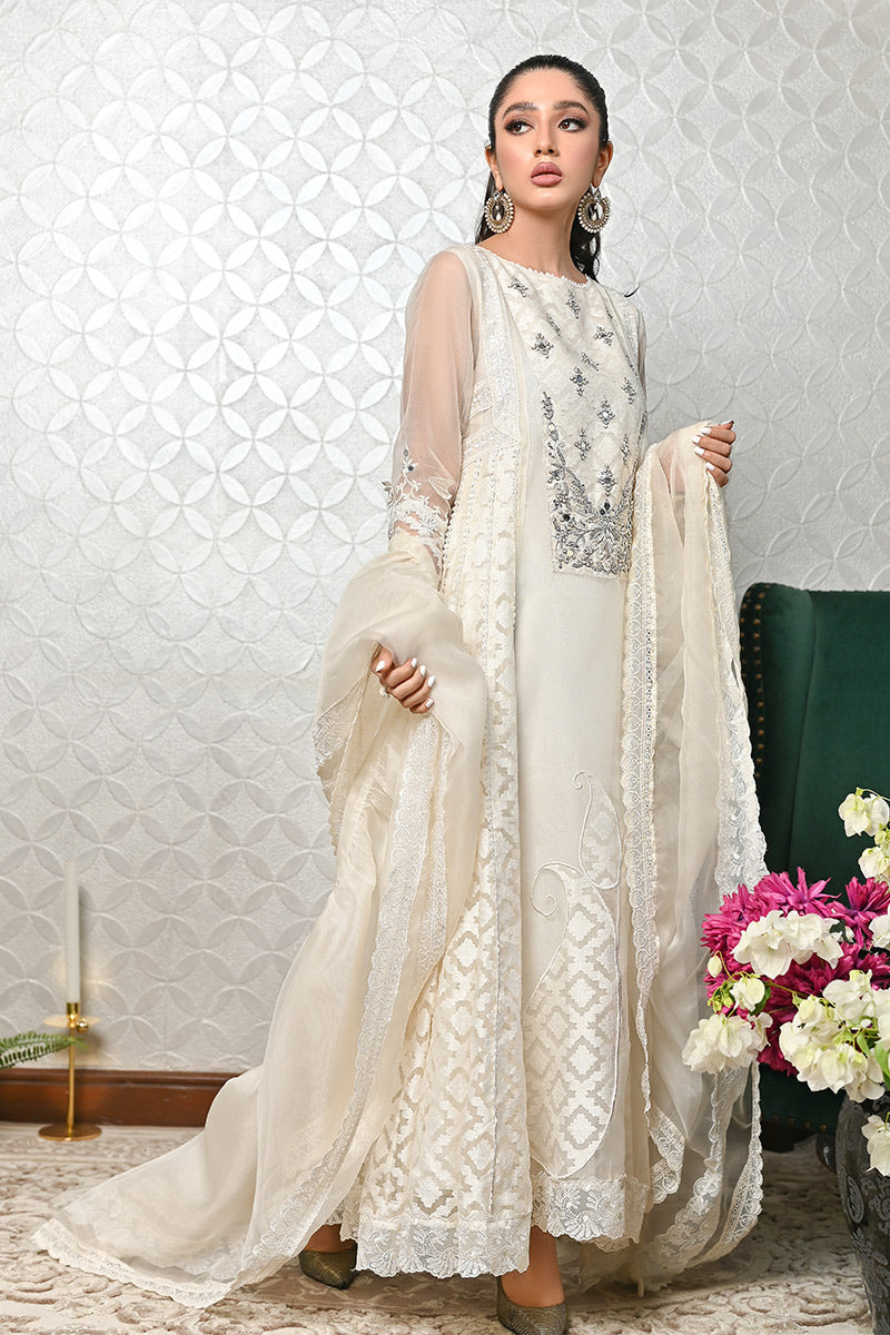 Pakistani White Zardozi Embroidered Organza Kalidar (3-Piece) - Image 1