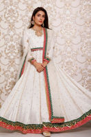 White Dabka Embroidered Raw Silk Kalidaar (3-Piece) - Image 2