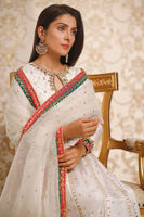 White Dabka Embroidered Raw Silk Kalidaar (3-Piece) - Image 4