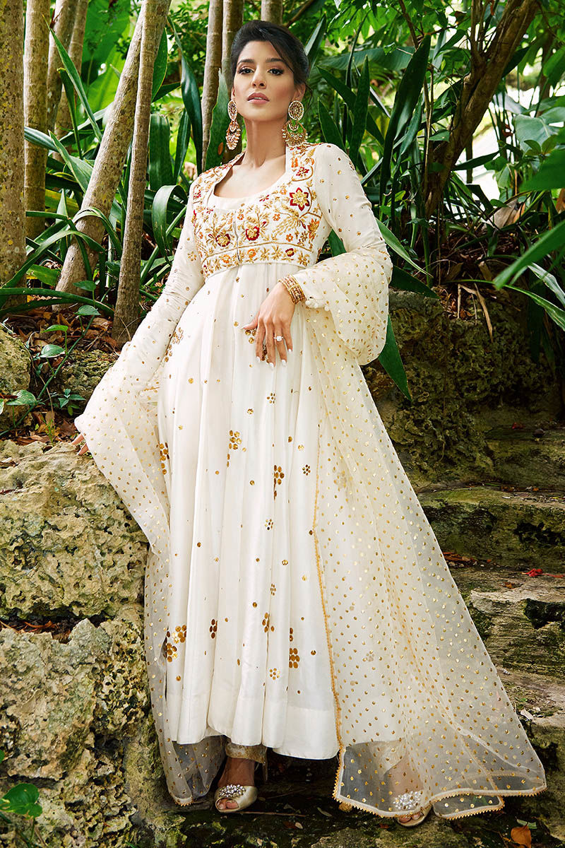 White Kamdani Raw Silk Kalidar Dress (3-Piece) - Image 1