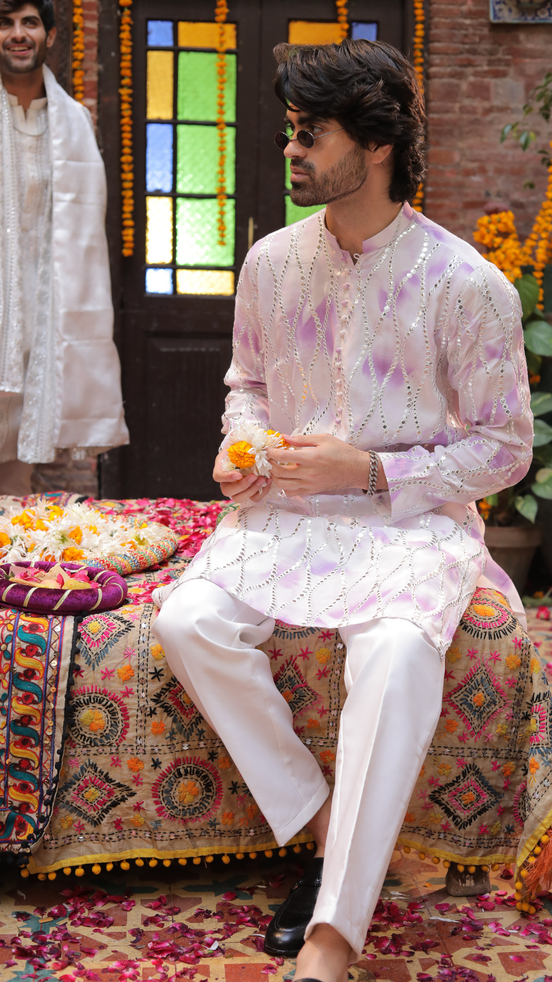 White and Purple Mirror Work Chanderi Kurta (2-Piece) - Image 1