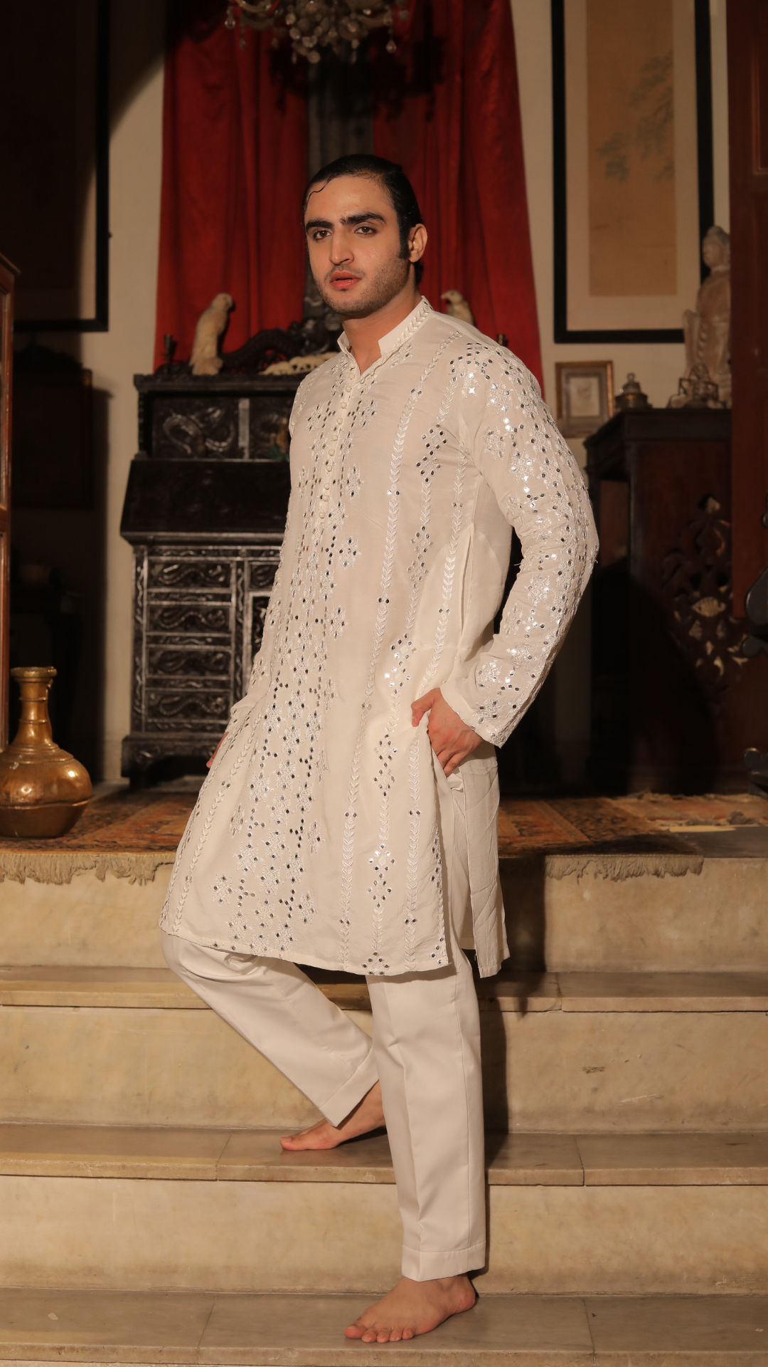 White Mirror Work Chanderi Kurta Pajama (2-Piece) - Image 4