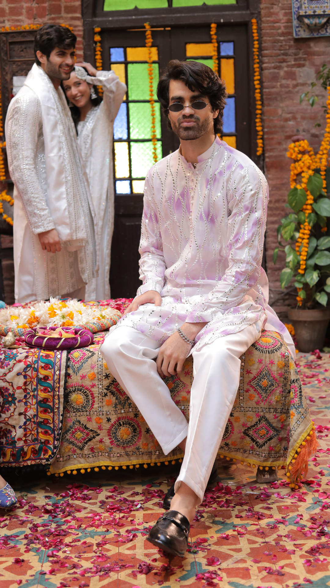 White and Purple Mirror Work Chanderi Kurta (2-Piece) - Image 3