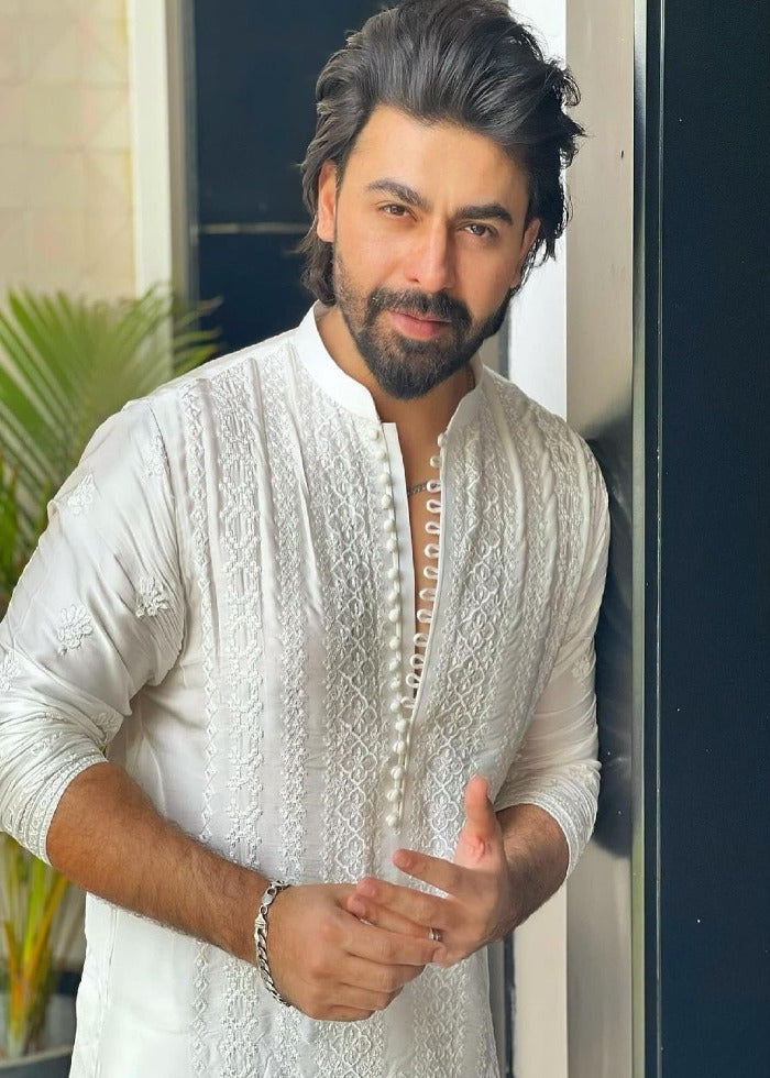 White Embroidered Cotton Kurta Pajama (2-Piece) - Image 1