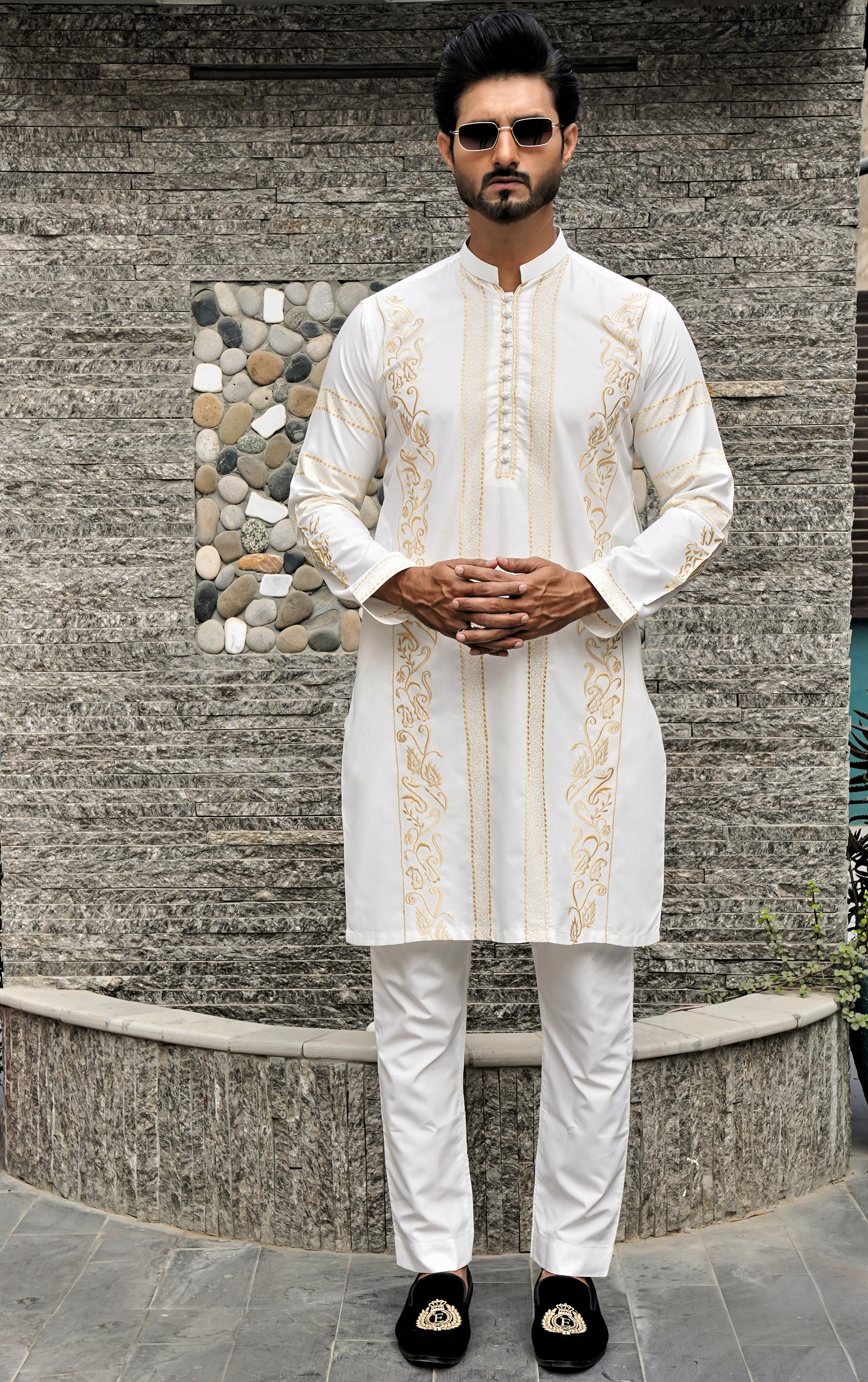 White Gold Embroidered Cotton Kurta Pajama (2-Piece) - Image 2
