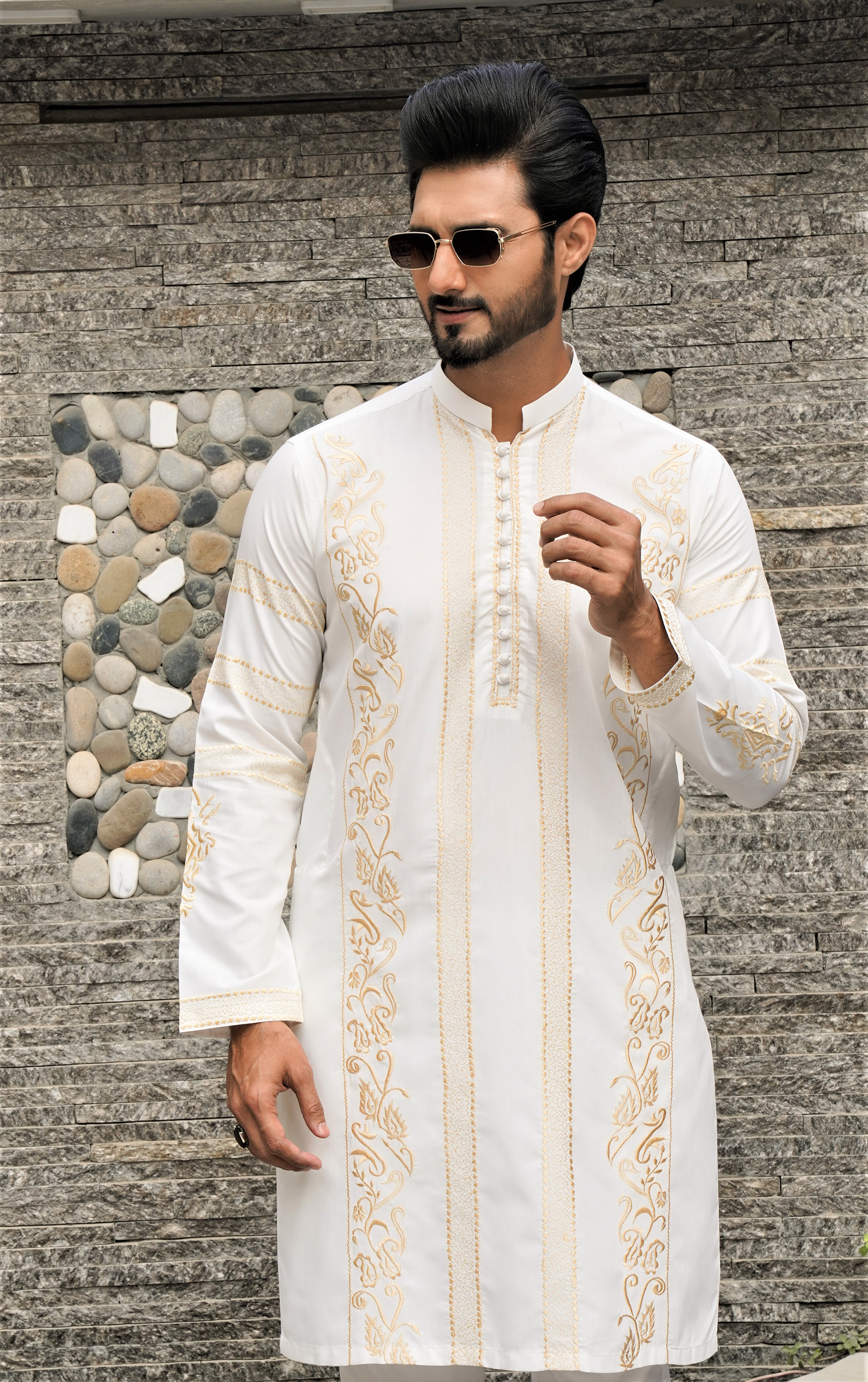 White Gold Embroidered Cotton Kurta Pajama (2-Piece) - Image 3