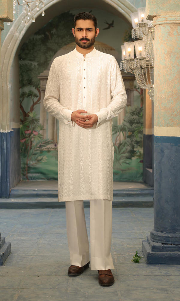 White Embroidered Cotton-Silk Kurta Set (2-Piece) - Image 2