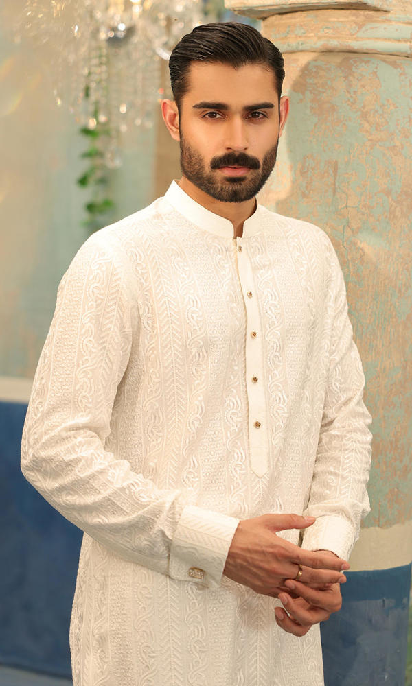 White Embroidered Cotton-Silk Kurta Set (2-Piece) - Image 3